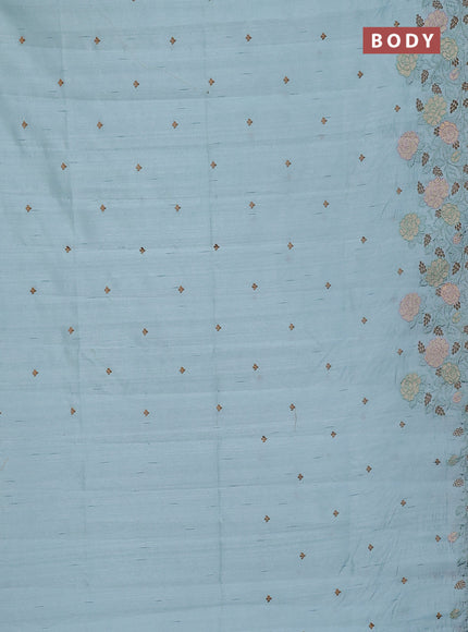 Semi raw silk saree pastel blue with embroidery buttas and floral embroidery cut work border
