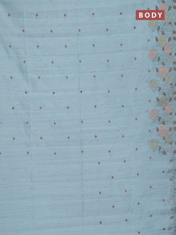 Semi raw silk saree pastel blue with embroidery buttas and floral embroidery cut work border