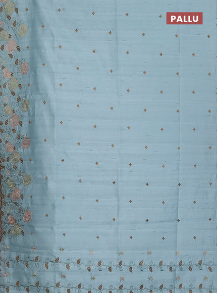 Semi raw silk saree pastel blue with embroidery buttas and floral embroidery cut work border