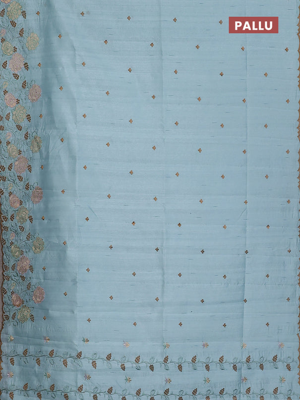 Semi raw silk saree pastel blue with embroidery buttas and floral embroidery cut work border