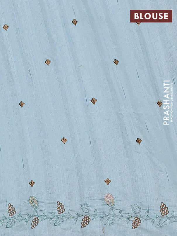 Semi raw silk saree pastel blue with embroidery buttas and floral embroidery cut work border