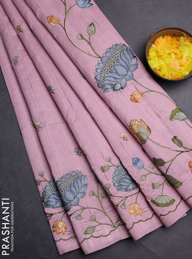 Semi raw silk saree pastel pink with embroidery buttas and floral embroidery border