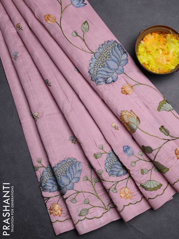 Semi raw silk saree pastel pink with embroidery buttas and floral embroidery border