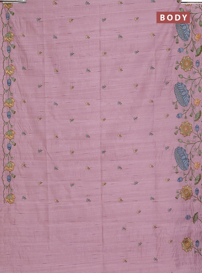 Semi raw silk saree pastel pink with embroidery buttas and floral embroidery border
