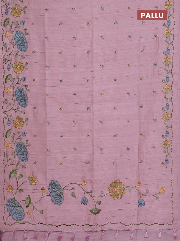 Semi raw silk saree pastel pink with embroidery buttas and floral embroidery border
