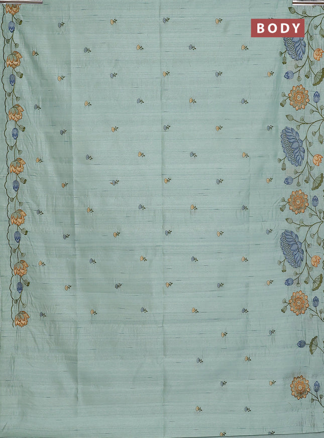 Semi raw silk saree pastel green with embroidery buttas and floral embroidery border