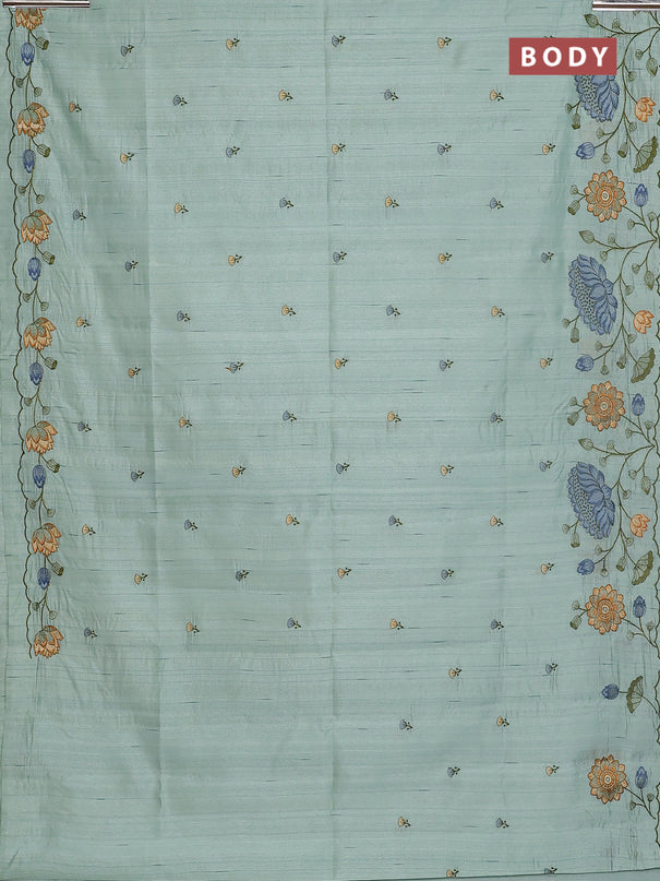Semi raw silk saree pastel green with embroidery buttas and floral embroidery border