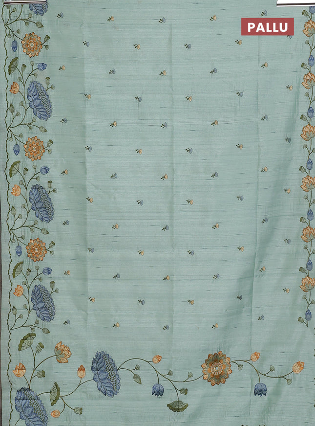 Semi raw silk saree pastel green with embroidery buttas and floral embroidery border