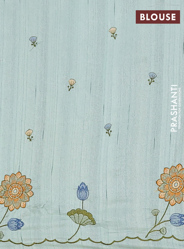 Semi raw silk saree pastel green with embroidery buttas and floral embroidery border