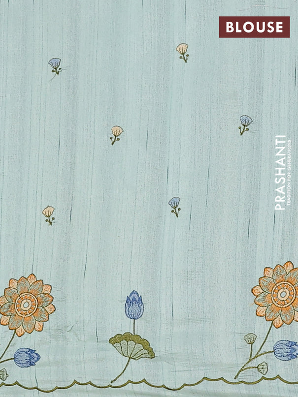 Semi raw silk saree pastel green with embroidery buttas and floral embroidery border