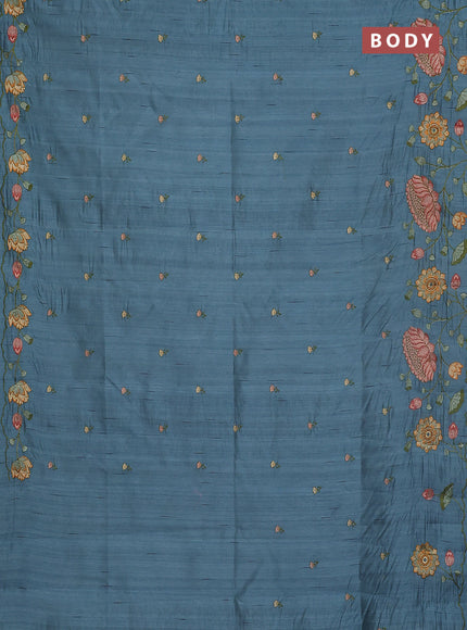 Semi raw silk saree pastel blue shade with embroidery buttas and floral embroidery border