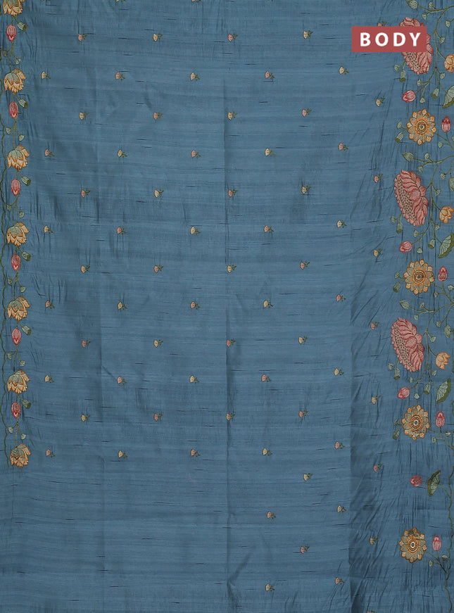 Semi raw silk saree pastel blue shade with embroidery buttas and floral embroidery border