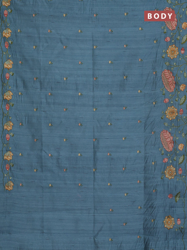 Semi raw silk saree pastel blue shade with embroidery buttas and floral embroidery border