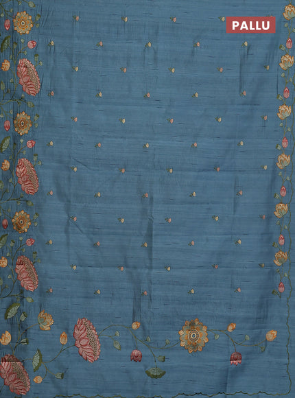 Semi raw silk saree pastel blue shade with embroidery buttas and floral embroidery border