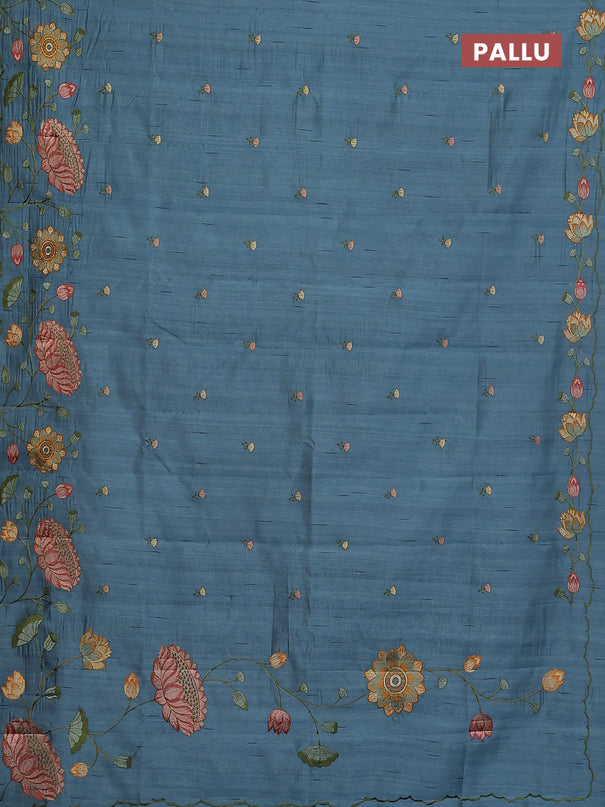 Semi raw silk saree pastel blue shade with embroidery buttas and floral embroidery border