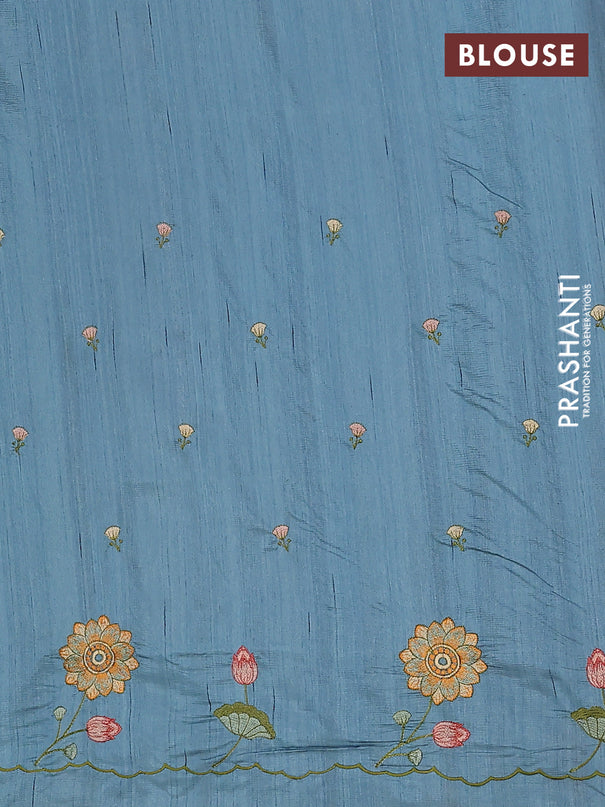 Semi raw silk saree pastel blue shade with embroidery buttas and floral embroidery border