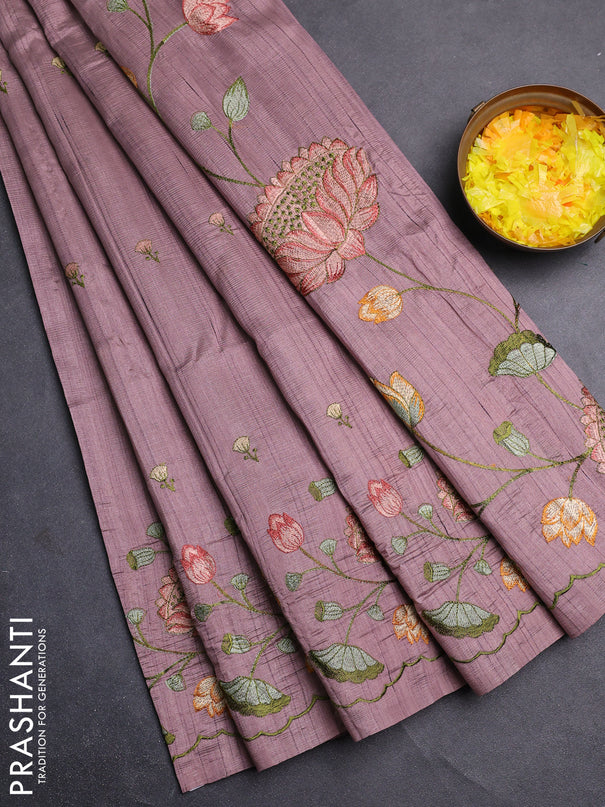 Semi raw silk saree rosy brown with embroidery buttas and floral embroidery border