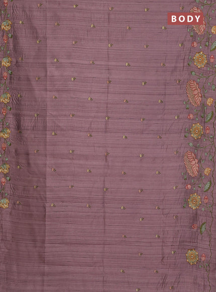 Semi raw silk saree rosy brown with embroidery buttas and floral embroidery border