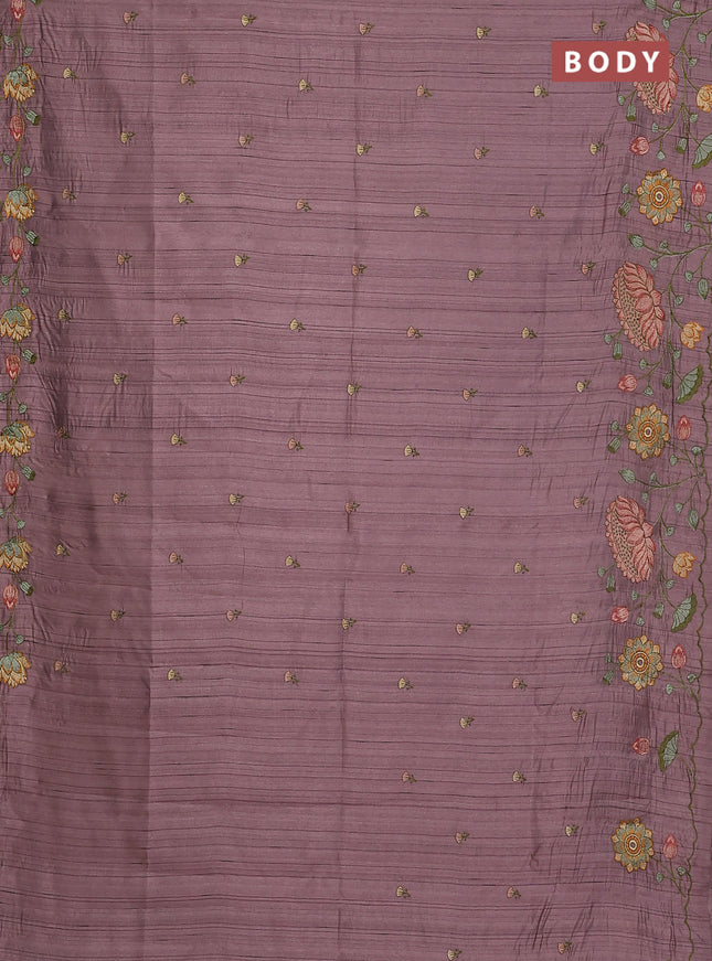 Semi raw silk saree rosy brown with embroidery buttas and floral embroidery border
