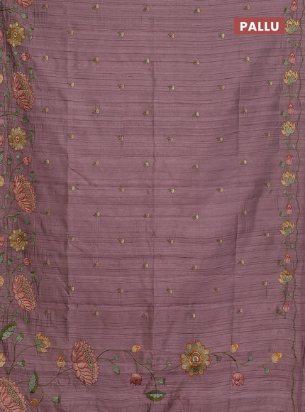 Semi raw silk saree rosy brown with embroidery buttas and floral embroidery border