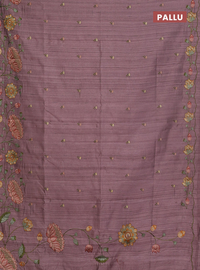 Semi raw silk saree rosy brown with embroidery buttas and floral embroidery border