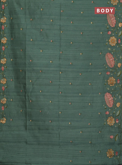 Semi raw silk saree green shade with embroidery buttas and floral embroidery border