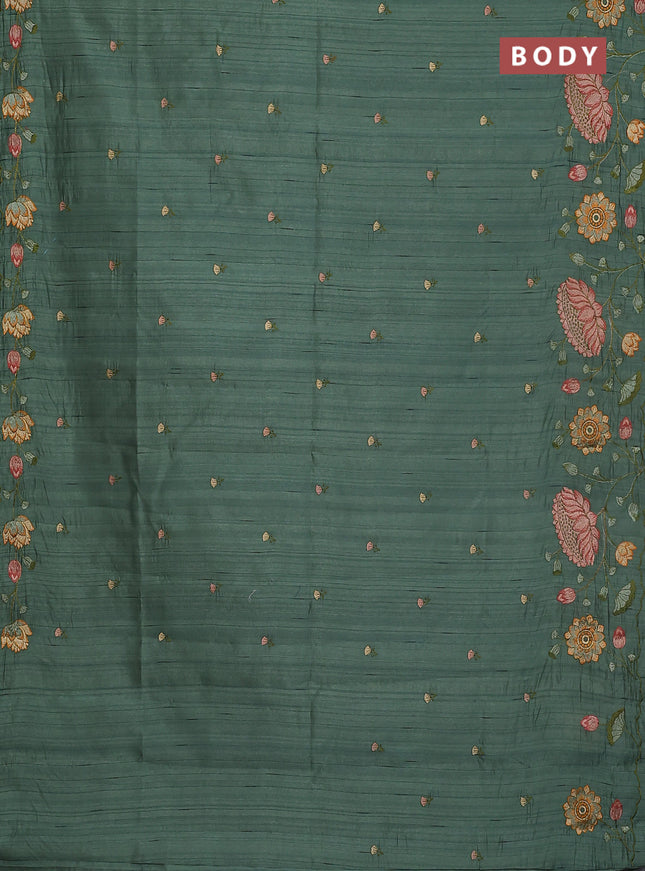 Semi raw silk saree green shade with embroidery buttas and floral embroidery border