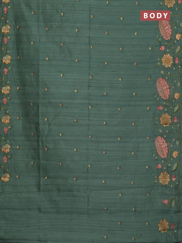 Semi raw silk saree green shade with embroidery buttas and floral embroidery border