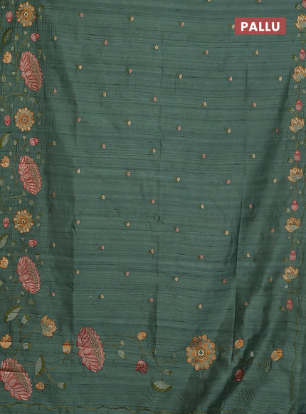 Semi raw silk saree green shade with embroidery buttas and floral embroidery border