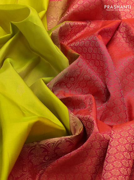 Pure soft silk saree lime yellow and dual shade of pinkish orange with zari woven buttas and zari woven border