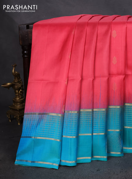 Pure soft silk saree peach pink and teal blue with zari woven buttas and zari woven border