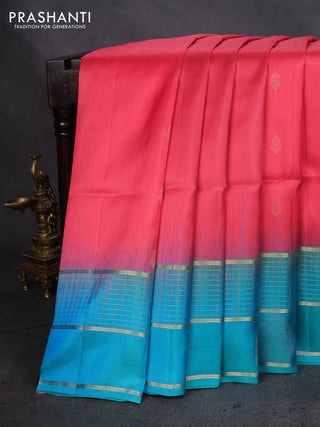 Pure soft silk saree peach pink and teal blue with zari woven buttas and zari woven border