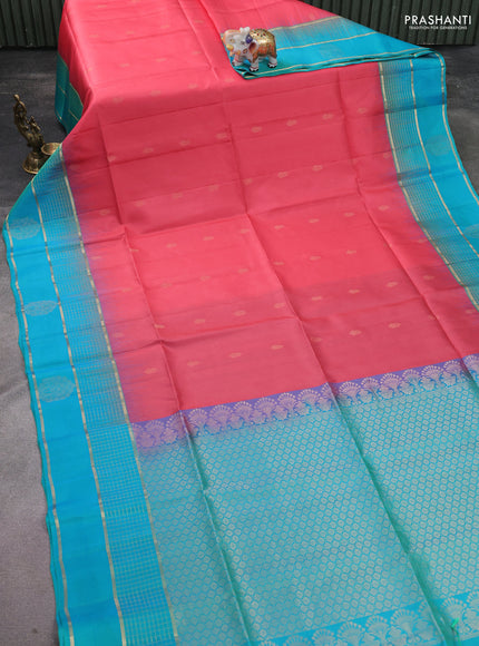 Pure soft silk saree peach pink and teal blue with zari woven buttas and zari woven border
