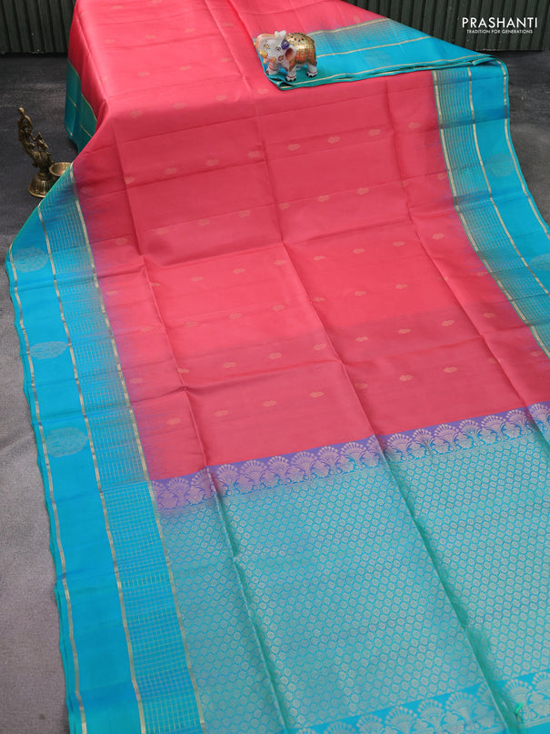 Pure soft silk saree peach pink and teal blue with zari woven buttas and zari woven border