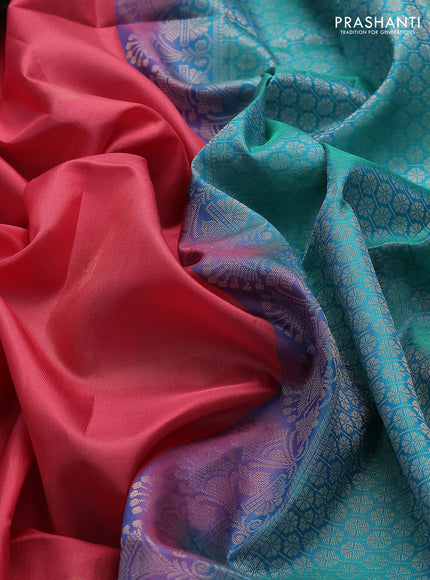 Pure soft silk saree peach pink and teal blue with zari woven buttas and zari woven border