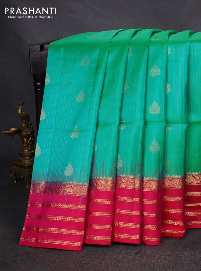 Pure soft silk saree dual shade of teal blue and pink with allover zari stripes pattern & zari buttas and zari woven border
