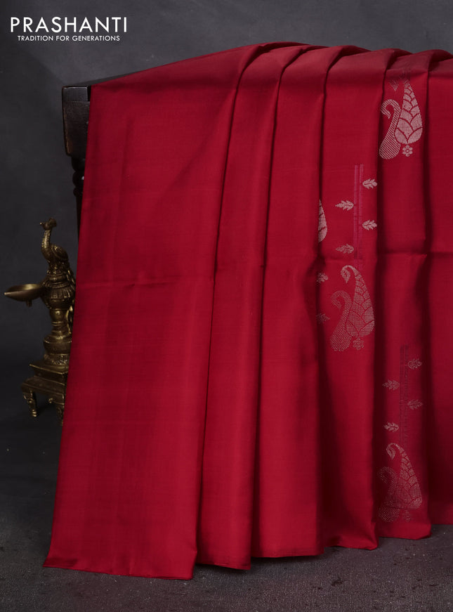 Pure soft silk saree red with allover silver zari weaves in borderless style