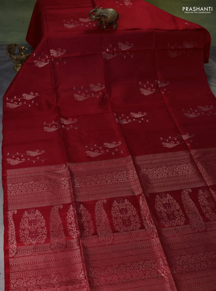 Pure soft silk saree red with allover silver zari weaves in borderless style