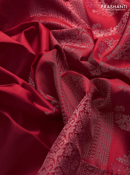 Pure soft silk saree red with allover silver zari weaves in borderless style