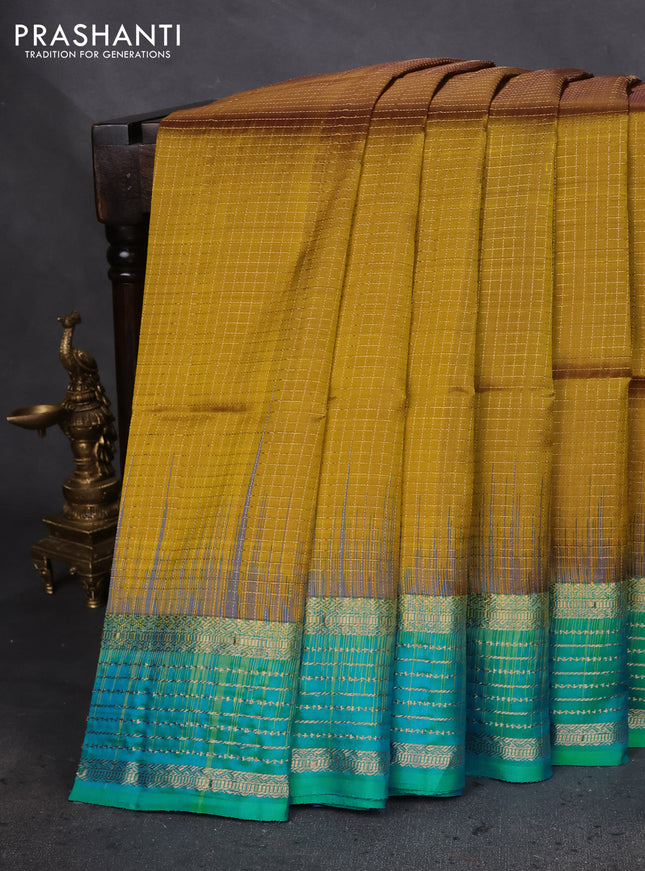 Pure soft silk saree mehendi green and teal blue with allover small zari checked pattern and zari woven border