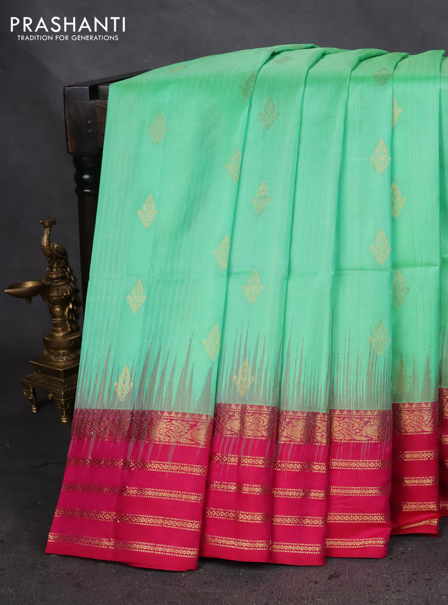 Pure soft silk saree teal green shade and pink with allover zari stripes pattern & zari buttas and zari woven border