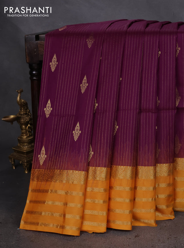 Pure soft silk saree purple and mango yellow with allover zari stripes pattern & zari buttas and zari woven border