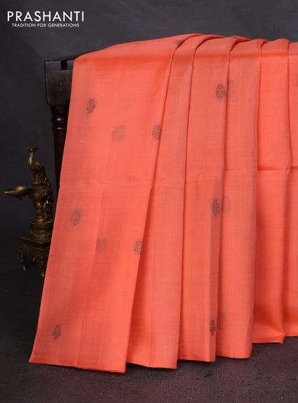 Pure soft silk saree peach orange and teal blue with woven buttas in borderless style