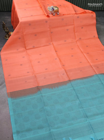 Pure soft silk saree peach orange and teal blue with woven buttas in borderless style
