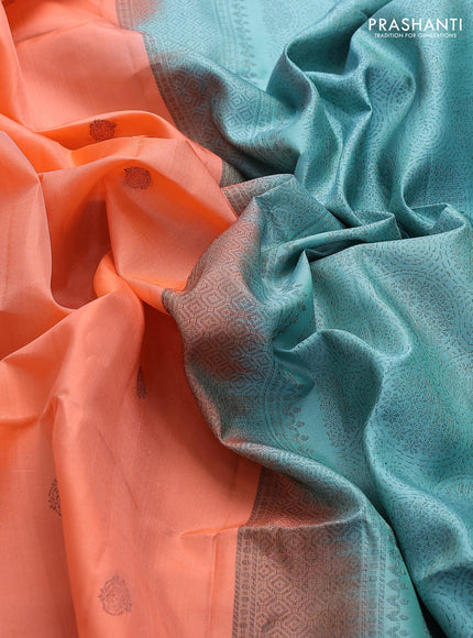 Pure soft silk saree peach orange and teal blue with woven buttas in borderless style