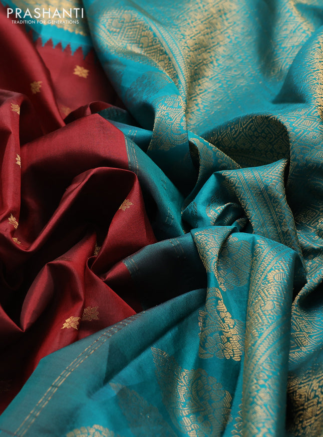 Pure gadwal silk saree maroon and peacock green with zari woven buttas and temple design zari woven border