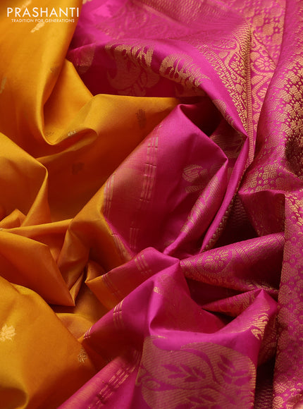 Pure gadwal silk saree mustard yellow and pink with zari woven buttas and temple design zari woven border
