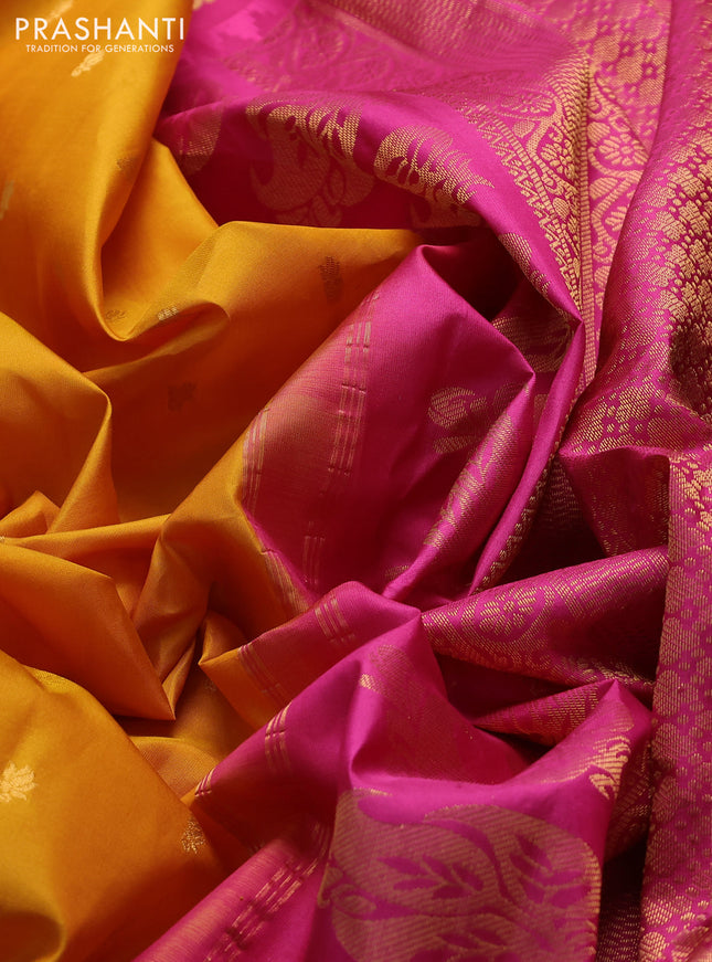 Pure gadwal silk saree mustard yellow and pink with zari woven buttas and temple design zari woven border
