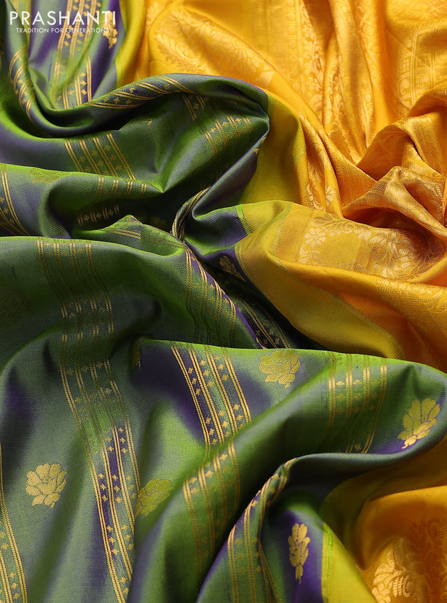 Pure gadwal silk saree dual shade of bluish green and yellow with allover zari weaves & buttas and zari woven border