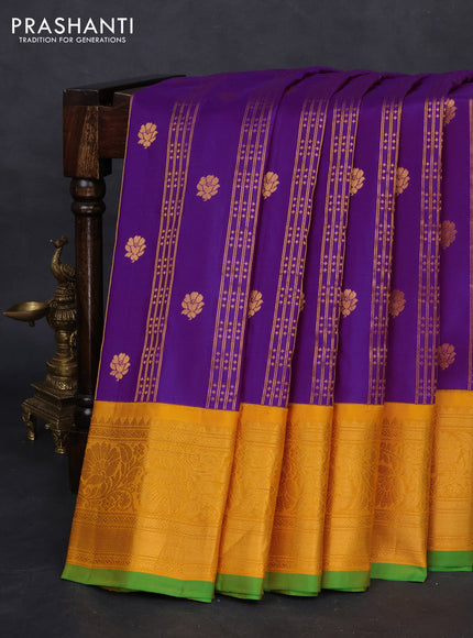 Pure gadwal silk saree purple and mustard yellow with allover zari weaves & buttas and zari woven border